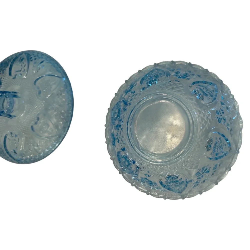 Vintage KIG Ice Blue Pressed Glass Candy Dish Heart & Rose Hearts and Flowers